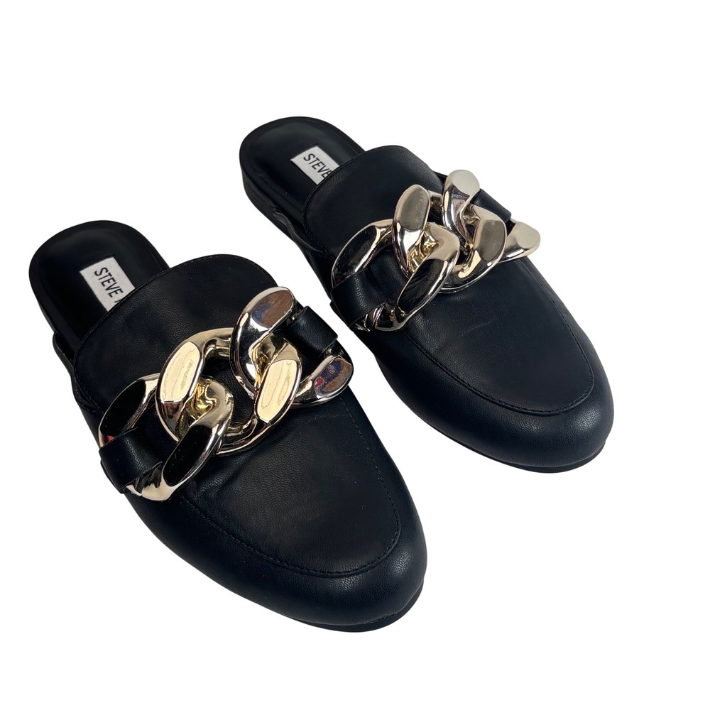 Steve Madden Kiki Mules Womens 7.5 Black Silver Chain Link‎ Loafer Slides Chic